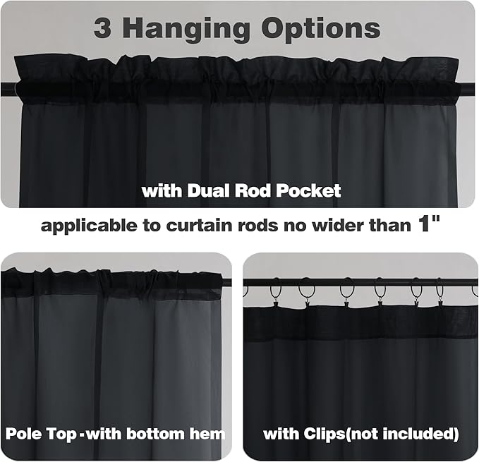 Chyhomenyc Black Sheer Curtain 72 Inches Length 2 Panels, Voile Rod Pockets Light Filtering Airy Window Treatment Drapes for Living Room Bedroom, Each 42Wx72L