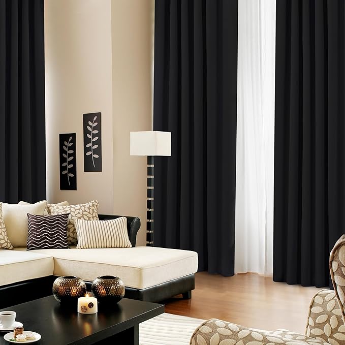 Deconovo Blackout Curtains, Thermal Insulated, W52 x L54 2 Panels, Back Tab, Machine Washable, Room-Darkening Drapes for Bedroom/Living Room Black