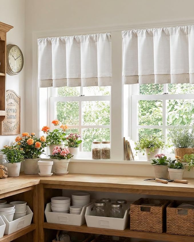 jinchan Curtain Light Filtering Kitchen for Living Room Bedroom Small Windows Valance 18 Inch Double Layer Farmhouse Window Rustic Overlay Rod Pocket 1 Panel Ivory