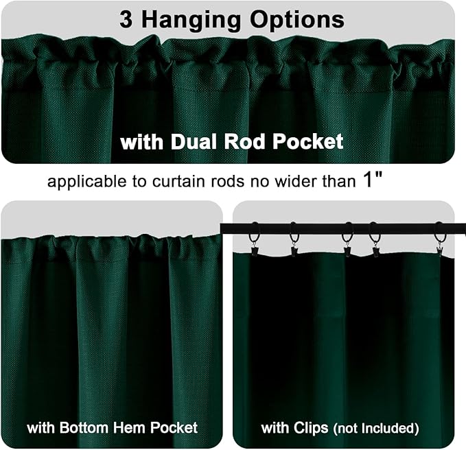 Chyhomenyc Hunter Green Valance for Windows, Light Filtering Faux Linen Textured Small Short Valance for Kitchen Bathroom Laundry Basement, Solid Rod Pocket Top Window Curtain, 60Wx14L inch, 1 Piece