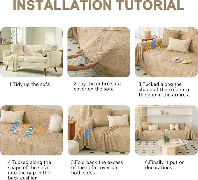 HANDONTIME Washable Couch Covers for Sofa Boho Couch Covers for 3 Cushion Sofa Pet Friendly Camel Chenille Jacquard Couch Protector for Dogs Plant Branch Sectional Cover Sofa Slipcovers, 71" X 134"