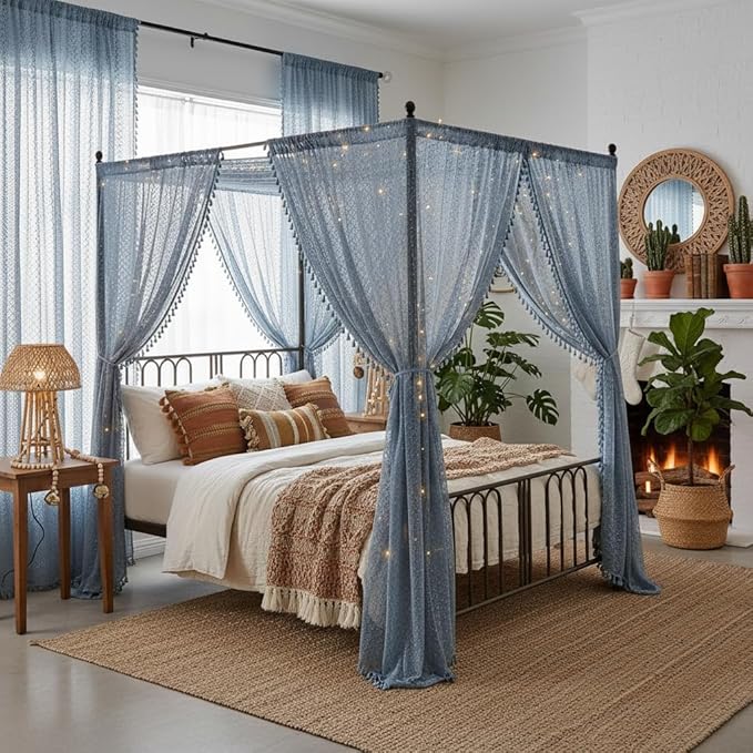 WAZZIO Boho Lace Curtains 63 Inches 2 Panel,Light Filtering Privacy Tassel & Geometry Crochet Semi Sheer Curtain Drapes for Bedroom Living Dining Room,Rod Pocket & Tassel,Light Slate Blue