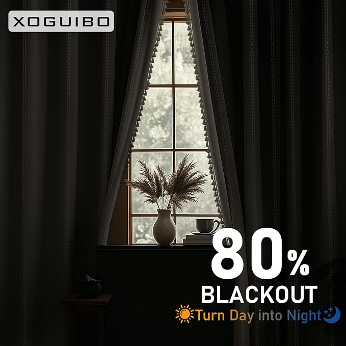 Boho 80% Blackout Curtains with Gray Liner 63 Inches Long 2 Panels Set, Beige Linen Blend Drapes with Tassels and Cotton Embroidered for Living Room Bedroom