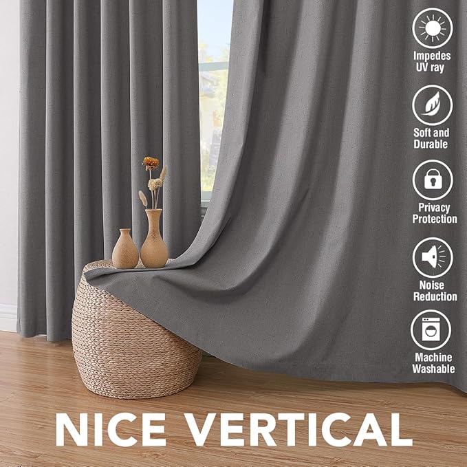 H.VERSAILTEX Linen Blackout Curtains 72 Inches Long 100% Absolutely Blackout Thermal Insulated Textured Linen Look Curtain Draperies Anti-Rust Grommet, Energy Saving with White Liner, 2 Panels, Grey