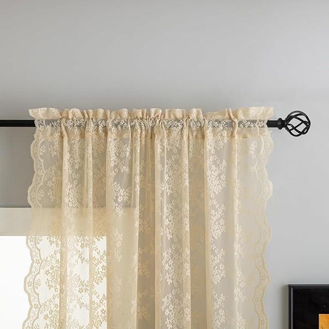 YJ YANJUN Vintage Lace Curtains 102 Inch Long-Victorian Floral Pattern Beige Sheer Curtain Panels for Living Room Home Office Light Filtering Ceiling to Floor for Large Window W52 X L102 Light Beige