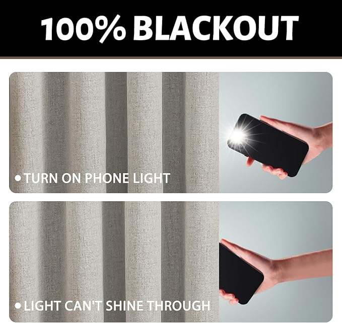 Yakamok Oatmeal Linen Curtains 100% Blackout 90 Inches Long,Room Darkening Textured Curtains for Living Room Thermal Grommet Bedroom Curtains 2 Panels with White Liner