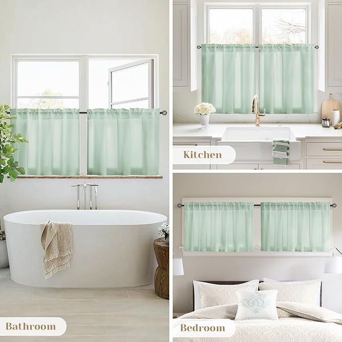 HOMEIDEAS Non-See-Through Sage Green Privacy Sheer Curtains, 30 X 36 Inches Long 2 Panels Sheer Curtains Light Filtering Window Drapes for Bedroom Living Room