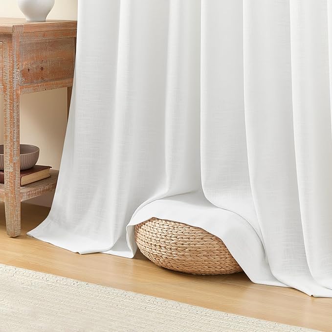 Snow White Pinch Pleated Curtains 96 inches long for Living Room, Semi Sheer Privacy Linen Blended Curtain Memory Trained Back Tab Drapes with Rings Hooks for Bedroom Office, 2 Panels, W40xL96