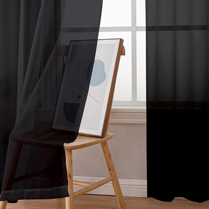 Simplebrand Black Sheer Curtains 96 Inches Long, Light Filtering Rod Pocket Solid Color Window Sheer Curtain Panels, Elegant Curtains & Drapes for Living Room, Bedroom 2 Panels (Black, 42" W x 96" L)