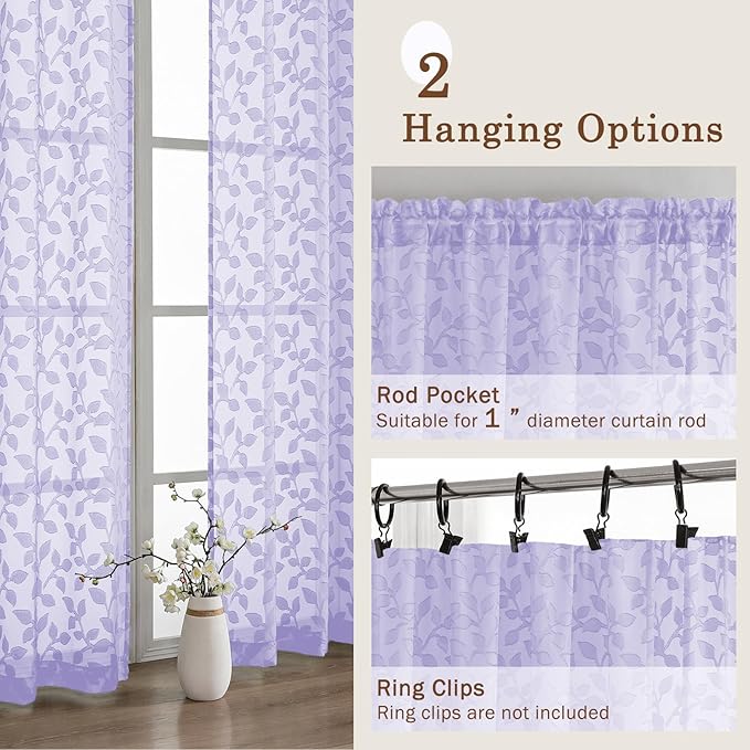 Chyhomenyc Light Purple Sheer Curtains 63 Inch Length 2 Panels Set, Light Filtering Tufted Textured Soft Airy Rod Pocket Cute Leaf Window Treatment Drapes for Bedroom Living Room, 42" Wx63 L, 2PCS