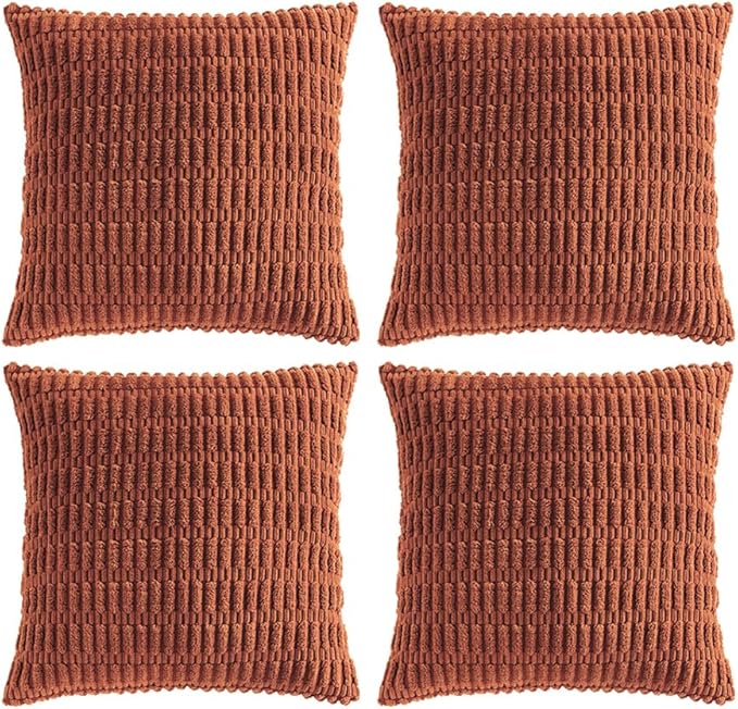 Fancy Homi 4 Packs Rust Decorative Throw Pillow Covers 16x16 Inch for Living Room Couch Bed Sofa, Terracotta Rustic Farmhouse Boho Home Decor, Soft Plush Striped Corduroy Square Cushion Case 40x40 cm