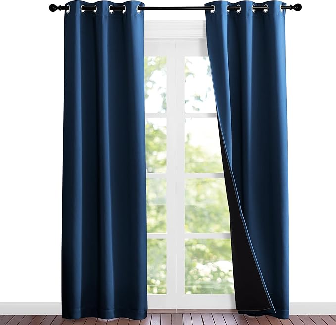 NICETOWN 100% Blackout Short Curtains with Black Liners, Solid Thermal Insulated Full Blackout 2-Layer Lined Energy Efficiency Window Drapes for Bedroom (2 Panels, 37" W by 84" L, Moroccan Blue)