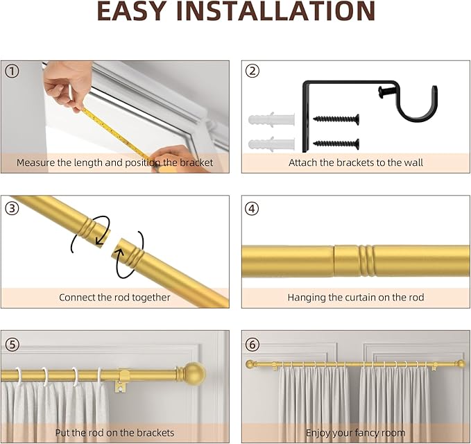 SMODBRODRE Curtain Rods for Window 32 to 78, Gold 5/8 inch Splicing Single Window Curtain Rod Set with Brackets