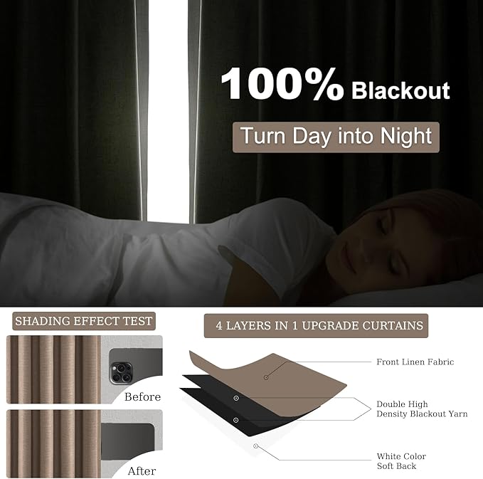 Topfinel 90 inch Long Linen Blackout Curtains 2 Panels for Bedroom Living Room 100% Black Out Linen Texture Curtain Elegant Farmhouse Window Drapes with Back Tab Rod Pocket Room Darkening Drape Taupe
