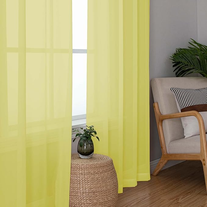 OWENIE Short Lemon Sheer Curtains 30 Inch Length 2 Panels Set, Kitchen Curtains Tiers Light Filtering Rod Pocket Cafe Curtain for Basement Bathroom Small Half Window, 42" W x 30" L, Lemon