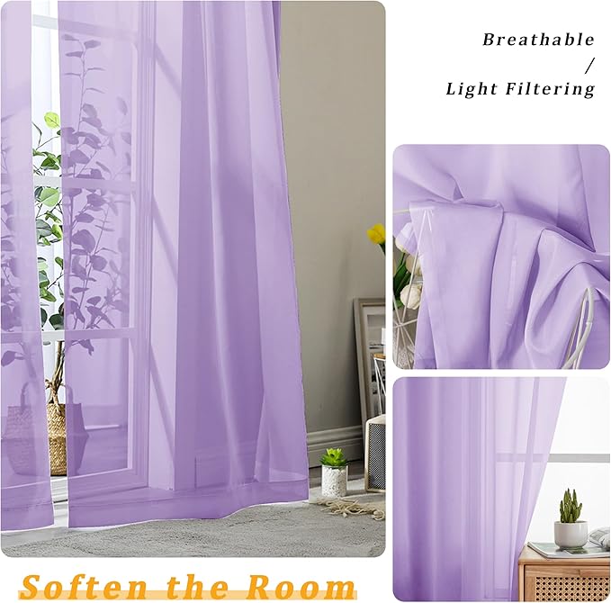 Gwine Lilac Sheer Curtains 30 Inch Length, Short Light Filtering Voile Small Cafe Kitchen Curtains with Rod Pocket, Short Curtain for Bathroom Window, 42x30 Inch, 2PCS