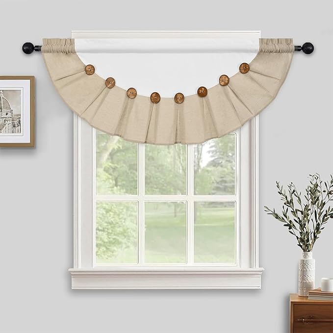 FRAMICS Farmhouse Valance Curtains, Boho Cotton Linen Kitchen Valance, Rustic Button Window Valance, Country Rod Pocket Valances for Windows Bedroom, Semi-Circular, White and Linen, 52 x 18 Inch