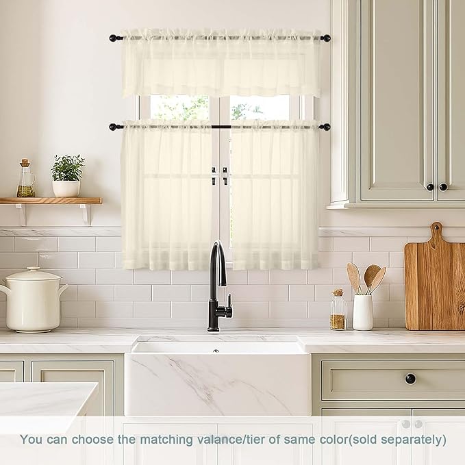 Cream Small Sheer Curtains 2 Panels Set, Kitchen Curtains 36 Inch Length, Elegant Light Filtering Short Window Drapes for Living Room Bedroom, Dual Rod Pocket Design, 2x42Wx36L Inches