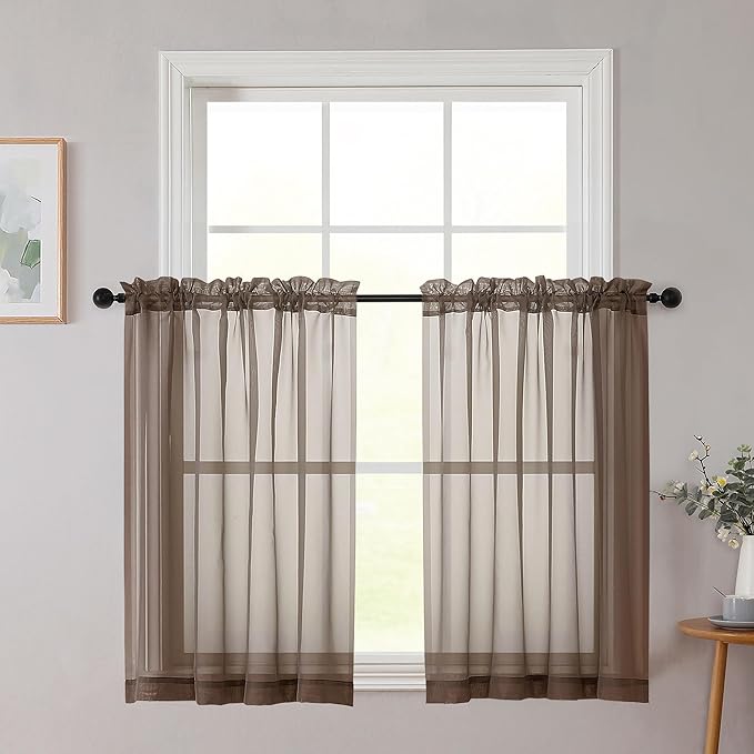 Cafe Curtains 36 Inch Length Tier 2 Pieces, Modern Soft Airy Sheer Kitchen Short Curtains for Small Window, Rod Pocket Small Curtain for Bathroom Basement, Chocolate, Each, 42"Wx36"L Inches