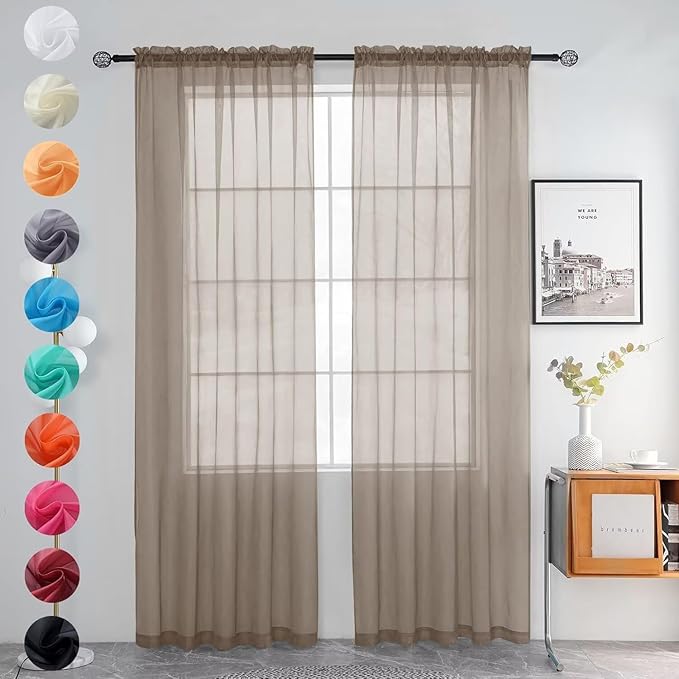 youleyar Solid Sheer Rod Pocket Curtain Voile Draperies 2 Panels White Beige Black Grey Ivory 52 Inch Width 108 Inch Long 1 Pair for Kitchen Bedroom Children Living Room Yard (Taupe,52Wｘ108L)