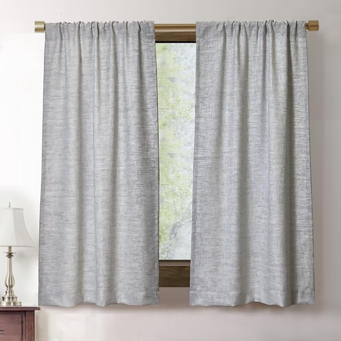 Oindec Faux Linen Kitchen Curtains 45 Inch Length Cafe Curtain Tiers for Living Room Basement Bathroom Windows Country Rustic Small Short Curtains, Set of 2, Grey