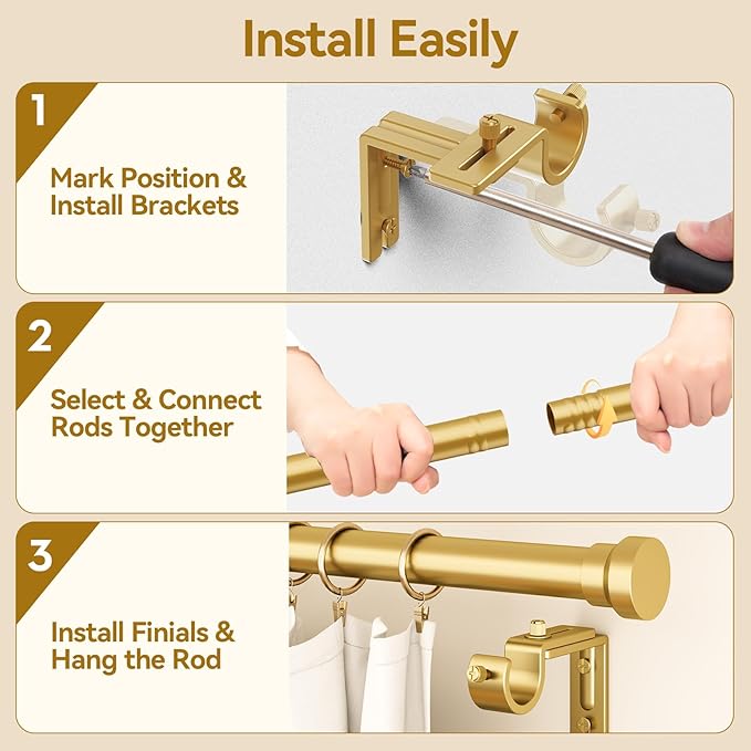 YaFex Curtain Rods 2 Pack 32-84 Inch, Heavy Duty 1 Inch Curtain Rod, Gold Long Adjustable Window Treatment Rods, Modern Design, Easy Installation