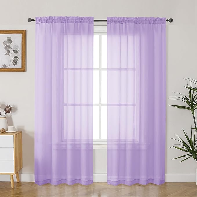 Gwine Lilac Sheer Curtains 72 Inches Long 2 Panels Set for Front Door, Light Filtering Sheer Curtains for Living Room, Rod Pocket Window Treatments Drapes, Each 42" Wx72 L