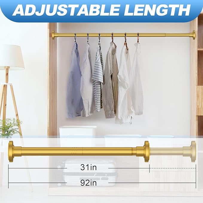 CorkLatta Gold Shower Curtain Rod 31 to 92 Inch,1 Inch Diameter Adjustable Spring Tension Stainless Steel Telescoping Rod,Easy Install,No Rust