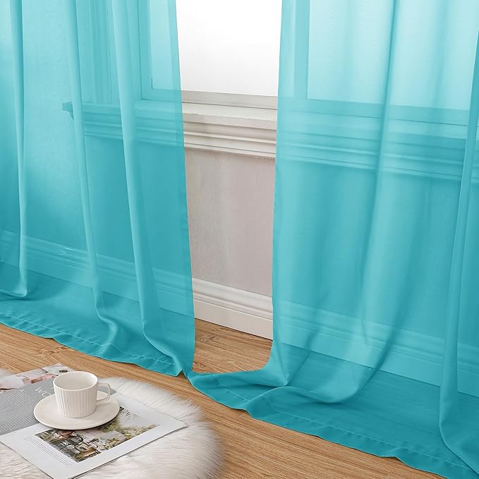 Aiyufeng Turquoise Sheer Curtains 72 Inch Length 2 Panels Set, Light Filtering Airy Rod Pocket Turquoise Window Curtain Treatment Drapes for Kitchen Bedroom Living, Each 42Wx72L Inches