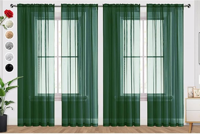 SpaceDresser Foliage Green Sheer Curtains 4 Panels Rod Pocket Semi-Sheer Curtain 45 Inches Long Light Filtering Voile Window Drapes for Bedroom Living Room Kitchen, Each 52W x 45L