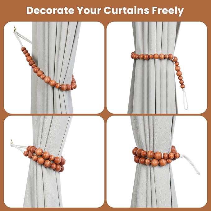 Wood Bead Curtain Tiebacks, KLOGTSIND Set of 6 Curtain Holdbacks for Thin or Thick Window Draperies, Boho Farmhouse Curtain Tiebacks with Hooks, Curtain Tie Backs for Home Office Room Decor