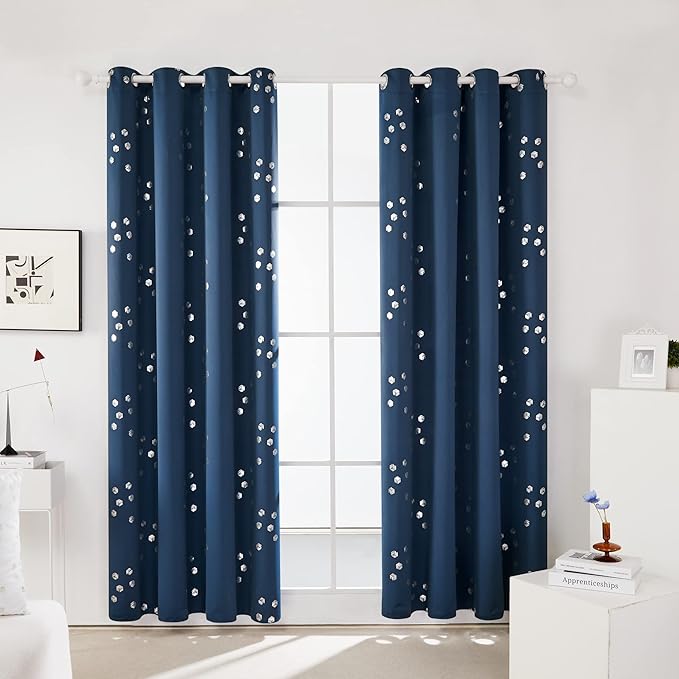 Deconovo Designer Series Silver Cubic Print Blackout Curtains for Living Room Bedroom, Thermal Insulated Soundproof Window Drapes, Grommet Top, Navy Blue,52W x 95L Inch, 2 Panels