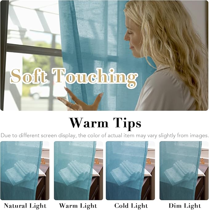 Elegant Natural Linen Curtain Panels Energy Efficient Semi - Sheers Linen Curtains/Nickel Grommet Window Treatments Panels for Patio Glass Door/Balcony (Set of 2, Turquoise, 52"W x 96"L)