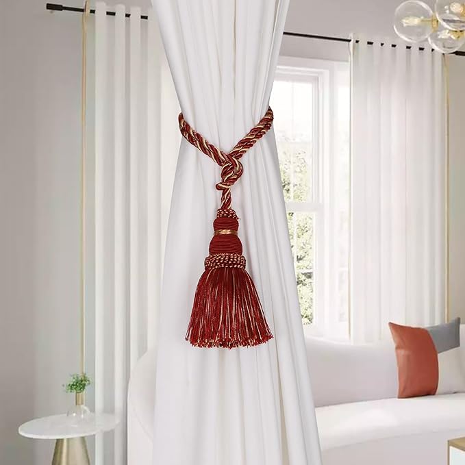 Fenghuangwu 2 Pack Curtain Tie Backs Rope Tassels for Curtains Drape tiebacks Handmade Outdoor Home and Outdoor Decorative (Mix red, 2p)