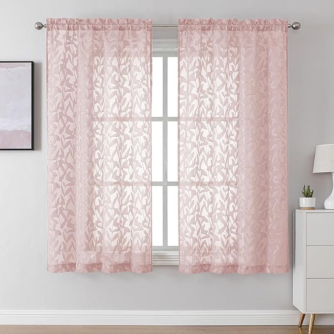 Lecloud Leia Blush Pink Sheer Curtains for Living Room 63 Inch Length 2 Pcs, Jacquard Leaf Textured Bedroom Curtains, Window Treatments Rod Pockets Drapes for Dining Room, Each Panel 42" W x 63" L