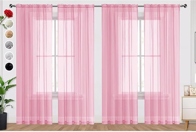 SpaceDresser Sheer Light Pink Curtains 4 Panels Rod Pocket Semi-Sheer Curtain 84 Inches Long Light Filtering Voile Window Drapes for Bedroom Living Room Kitchen, Each 52W x 84L