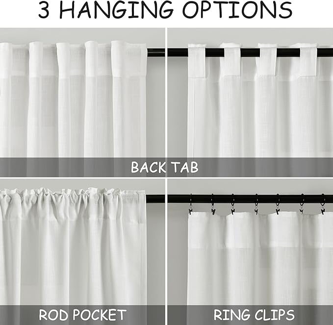 Extra Long Off White Curtains 105 inches Long 2 Panels Set for Bedroom Back Tab Opaque Draperies Urban Farmhouse Traditional Semi Sheer White Linen Curtains for Large Bay Window Glass Sliding Door