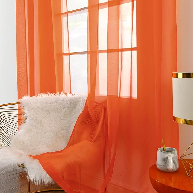 SpaceDresser Sheer Voile Window Treatment Rod Pocket Curtain Panels for Kitchen Bedroom Living Room Drapes Sunlight Filtering Privacy Semi Home Decor Assorted (Burnt Orange, 52 W x 72 L)
