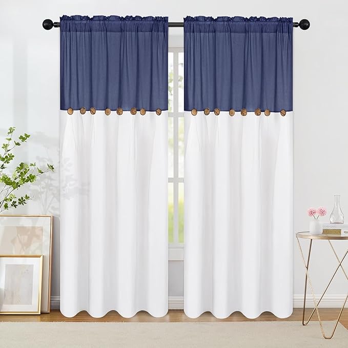 FRAMICS Farmhouse Cotton Linen Curtains for Living Room, Boho Button Curtains 84 Inch Length 2 Panels Set, Navy Blue Rustic Country Linen Window Curtains for Bedroom, Rod Pocket Drapes, 52 x 84 Inch