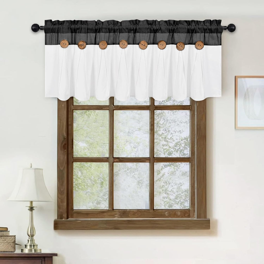 Farmhouse Valance Curtains, Boho Cotton Linen Kitchen Valance, Black Rustic Button Window Valance for Kitchen Bathroom Bedroom, Country Rod Pocket Valances for Windows, Black, 52 X 18 Inch