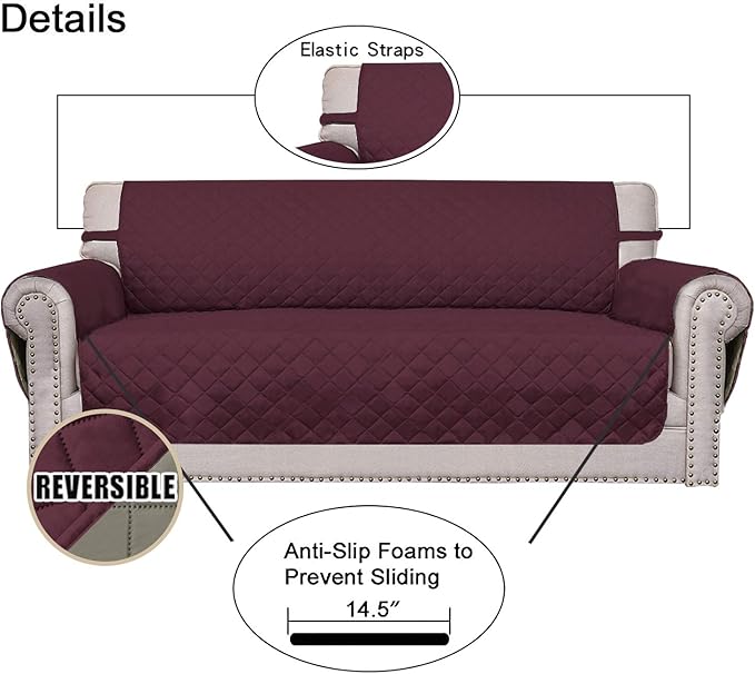 Easy-Going 4 Seater Sofa Slipcover Reversible Sofa Cover Water Resistant Couch Cover with Foam Sticks Elastic Straps Furniture Protector for Pets Children Dog Cat (XX-Large, Wine/Beige)