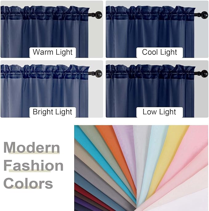 Kitchen Curtains 24 Inch Length Tier 2 Pieces, Navy Blue Sheer Curtain Solid Soft Sheer Short Curtains for Windows, Cafe Bathroom Basement Rod Pocket Drapes, Navy Blue, Each 42"Wx24"L Inches