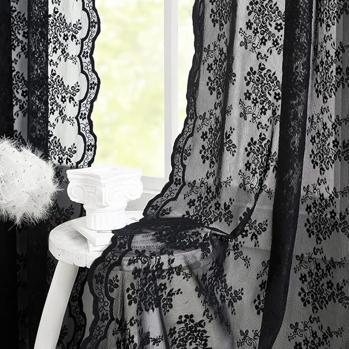 YJ YANJUN Vintage Lace Curtains 96 Inches Long Victorian Floral Gothic Black Sheer Curtains for Living Room Bedroom Halloween Goth Decor Rod Pocket 52W x 96L 2 Panels Black