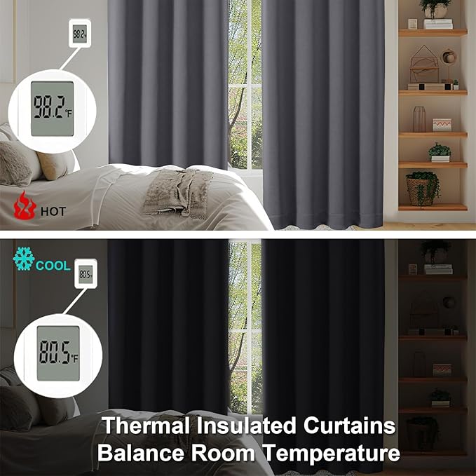 Simplebrand Grey Blackout Curtains for Bedroom 102 Inches Long 2 Panels, Solid Thermal Insulated, Energy Saving Living Room Window Treatment Curtains Blackout Drapes, W50 x L102 Inch, Grey
