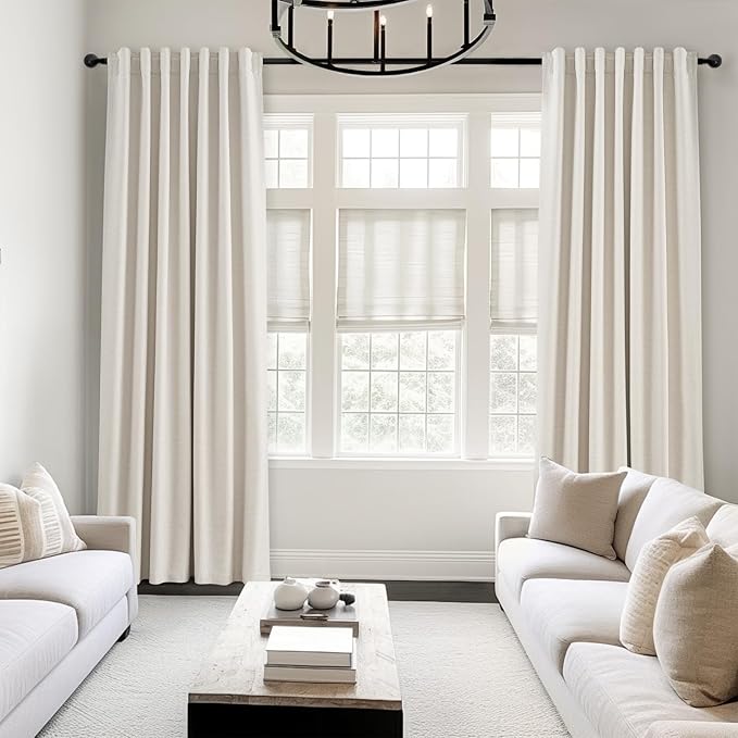 Topfinel 120 Inches Long Extra Long Pinch Pleat Faux Linen Curtains for Living Room,neutral Linen 100 Percent Blackout Floor To Ceiling Farmhouse Sound Absorbing Drapes 2 Panels for Track System 10 FT