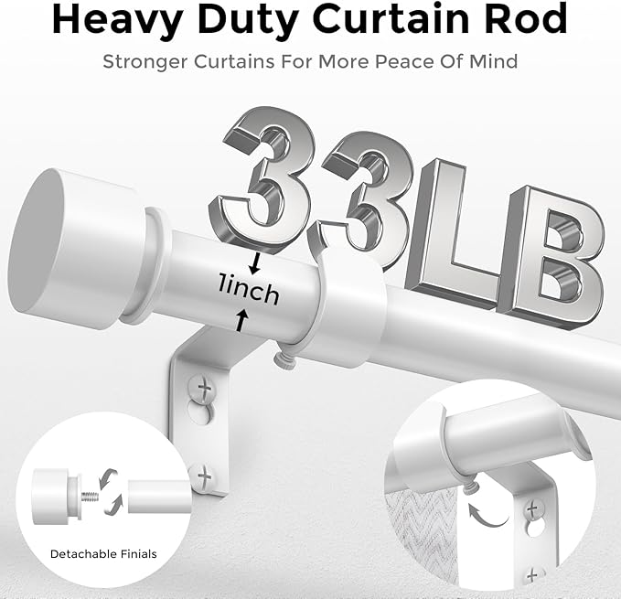 Modern White Curtain Rods 2 Pack for Windows 30 to 56 Inch, 1" Diameter Adjustable Heavy Duty Window Curtain Pole with Matte White End Cap Finials, Decorative Drapery Rods for Living Room, Bedroom