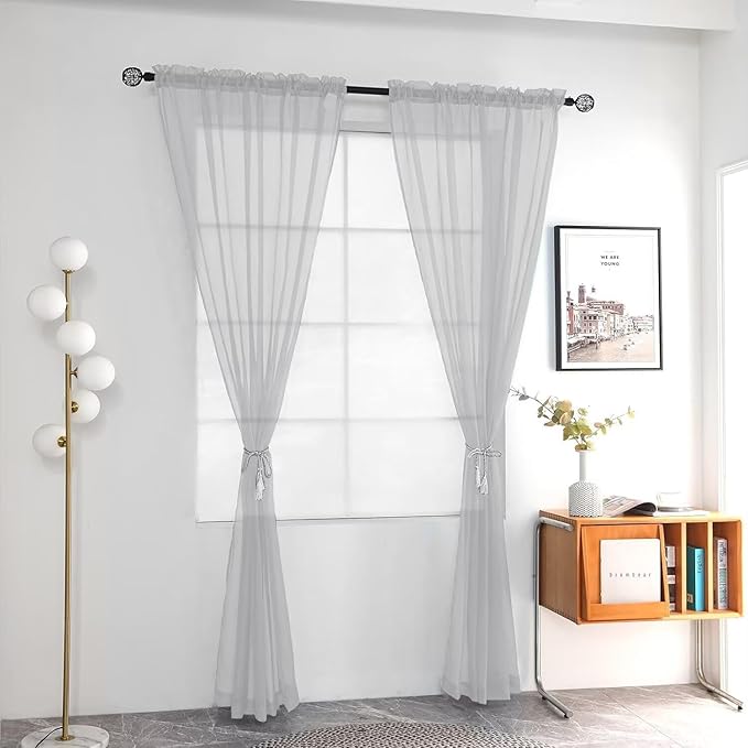 youleyar Solid Sheer Rod Pocket Curtain Voile Draperies 2 Panels White Beige Black Grey Ivory 52 Inch Width 54 Inch Long 1 Pair for Kitchen Bedroom Children Living Room Yard (Silver Grey,52Wｘ54L)