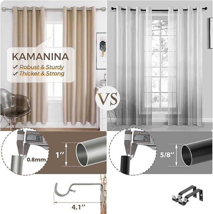 KAMANINA 1 Inch Curtain Rod Telescoping Single Drapery Rod 36 to 72 Inches (3-6 Feet), Antique Silver Curtain Rods for Windows 24 to 68 Inches, Netted Texture Finials