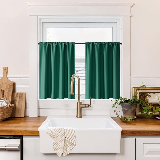 RYB HOME 100% Blackout Short Curtains for Small Window, Thermal Insulated Total Room Darkening Noise Reducing Curtains for Basement Bathroom RV Cars, 29 inches Wide by 30 inches Long, Dark Green