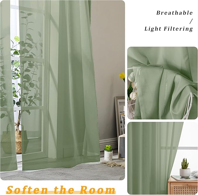 Gwine Sage Green Sheer Curtains 84 Inches Long 2 Panels Set for Living Room, Rod Pocket Voile Bedroom Curtains, Light Filtering Solid Window Sheer Panels, Each 42" Wx84 L